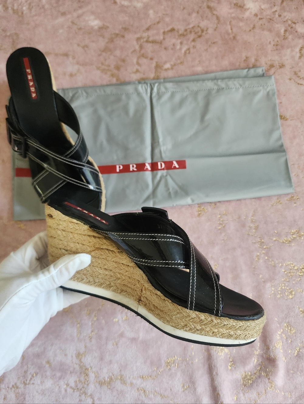 PRADA | Black Patent Leather Espadrille Wedge Sandals with Jute Platform - Picture 3 of 16
